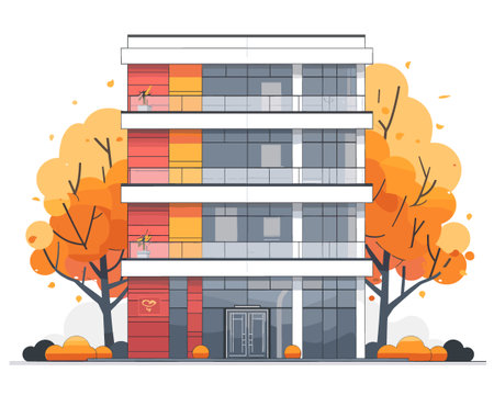 Modern flat design vector illustration concept of urban architecture. Buildings and trees in autumn season.のイラスト素材