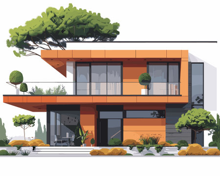 Modern apartment building with trees and bushes. Flat style vector illustration.のイラスト素材