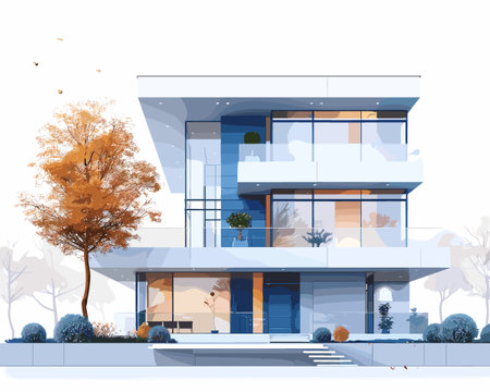 Modern apartment building in autumn season. Vector illustration in flat style.のイラスト素材