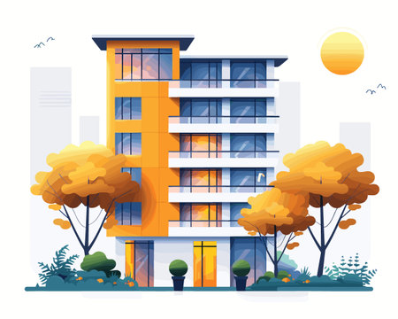 Modern apartment building in autumn season. Vector illustration in flat style.のイラスト素材