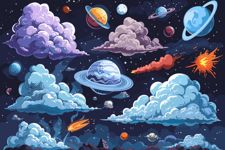 Cartoon space background with planets, stars and comets. Vector illustrationのイラスト素材
