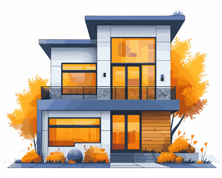 Modern apartment building in autumn season. Vector illustration in flat style.のイラスト素材
