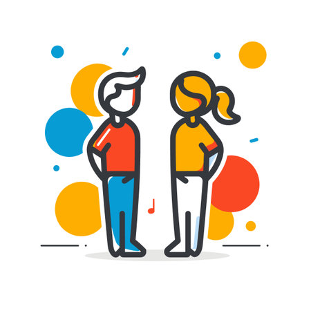 Human relation concept vector. Two people standing next to each other, one wearing a red shirt and the other wearing a yellow shirtのイラスト素材