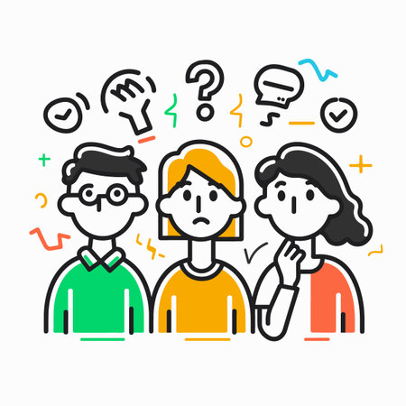Three people are standing in a line, with one of them looking confused. Group pondering problem concept icon vector.のイラスト素材