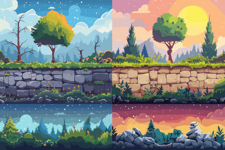 Four different scenes of a forest with a tree in the middle. The first scene is a winter scene with snow on the ground and a tree with bare branches. For video gamesのイラスト素材