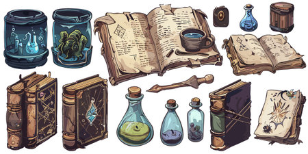 A collection of books and items, including a book with a blue cover and a book with a green cover. For video gamesのイラスト素材