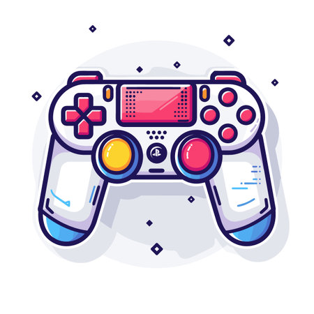 A cartoon style video game controller with a red and white design. The controller has a white background and is surrounded by starsのイラスト素材