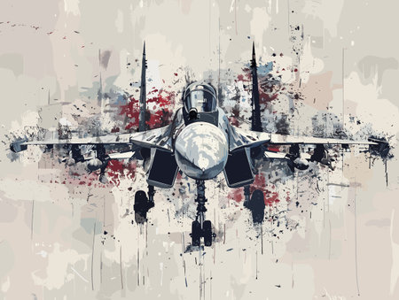 A colorful jet is flying through the sky. The colors are bright and vibrant, giving the image a sense of energy and excitement. The jet is the main focus of the painting, with its wingsのイラスト素材