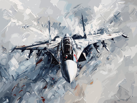 A colorful jet is flying through the sky. The colors are bright and vibrant, giving the image a sense of energy and excitement. The jet is the main focus of the painting, with its wingsのイラスト素材