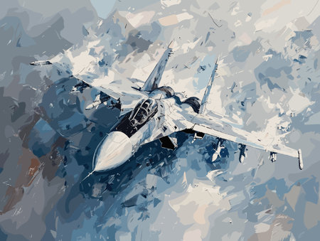 A colorful jet is flying through the sky. The colors are bright and vibrant, giving the image a sense of energy and excitement. The jet is the main focus of the painting, with its wingsのイラスト素材