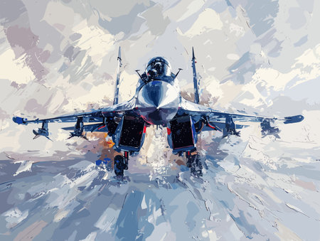 A fighter jet is painted in a very detailed and realistic manner. The painting captures the essence of the jet's speed and power, as well as the excitementのイラスト素材