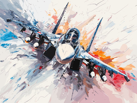 Fighter jet fighter jet aircraft illustration painting background. Military jet fighter jet in flight.のイラスト素材