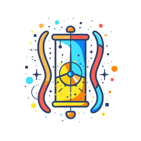 A colorful clock with a blue and yellow face and a red and blue body. The clock is set at 12:00のイラスト素材