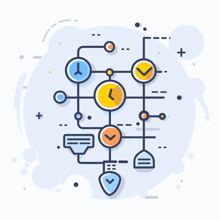 A graphic of a clock with a blue background and orange and yellow circles. The circles are connected to each other and have a check mark on them. The clock is set at 12:00のイラスト素材
