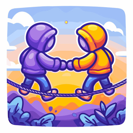 Two people are walking on a rope bridge. One is wearing a purple hoodie and the other is wearing a yellow hoodieのイラスト素材