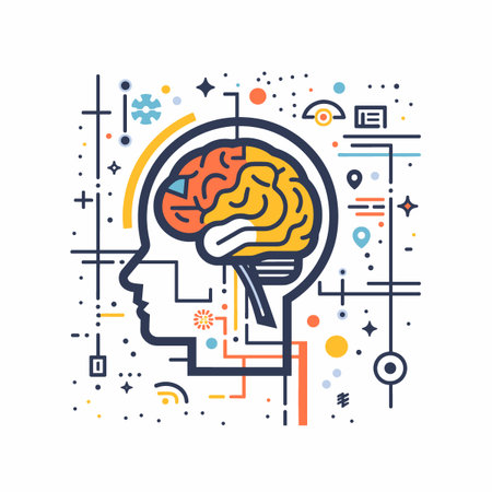 A brain with a lot of different shapes and colors surrounding it. The brain is surrounded by a lot of different shapes and colors, making it look like a complex and intricate designのイラスト素材