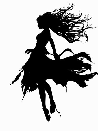 Silhouette of a girl with flying hair on a white backgroundのイラスト素材