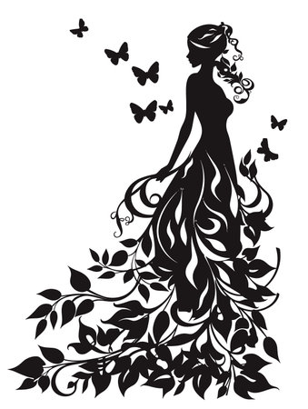 Silhouette of a beautiful woman in a long dress with butterfliesのイラスト素材