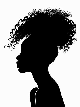 Vector silhouette of a woman with curly hair on a white background.のイラスト素材