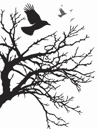 Silhouette of a crow on a tree. Vector illustration.のイラスト素材