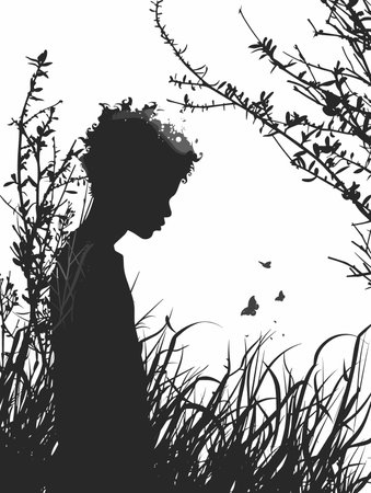 Silhouette of a girl in the grass. Vector illustration.のイラスト素材