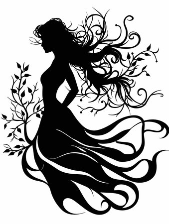 Silhouette of a beautiful girl in a long dress with a flying hair.のイラスト素材