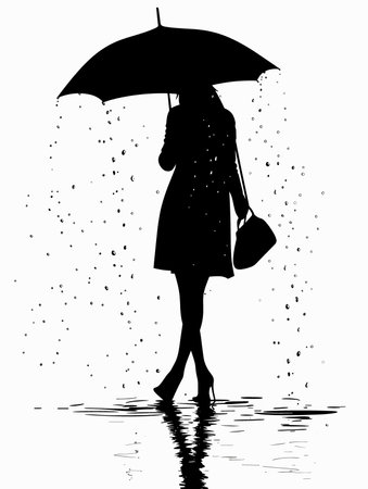 Silhouette of a woman with umbrella in the rain, vector illustrationのイラスト素材