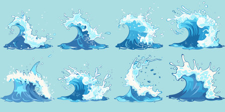 Set of splashes of water on a blue background. Vector illustrationのイラスト素材