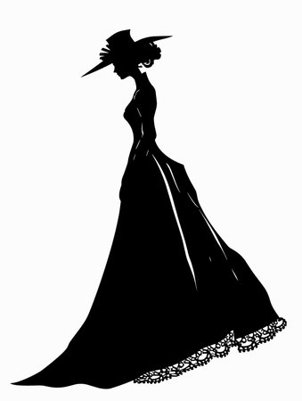 Silhouette of a beautiful woman in a long dress and hatのイラスト素材