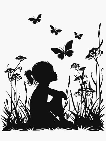 Silhouette of a little girl sitting in the grass with butterfliesのイラスト素材