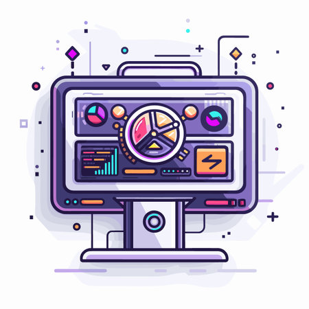 Computer monitor with charts and graphs. Vector illustration in flat linear style.のイラスト素材
