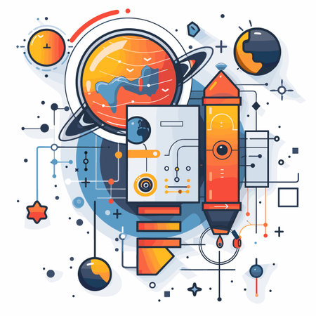 Vector illustration in flat linear style with elements of science and technology.のイラスト素材
