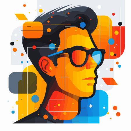 Vector illustration of a man with glasses on the background of colorful geometric shapes.のイラスト素材