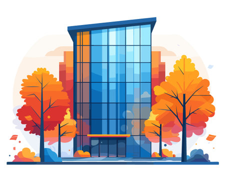 Modern office building in autumn. Vector illustration in flat cartoon style.のイラスト素材