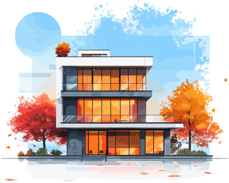 Modern office building on the background of autumn landscape. Vector illustration.のイラスト素材