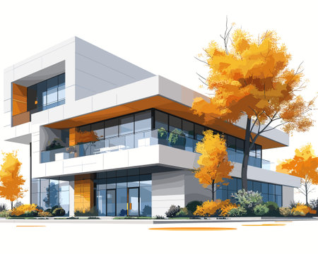 Illustration of a modern office building on a white background with autumn leavesのイラスト素材