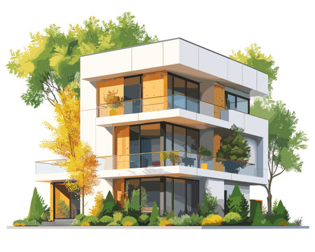 Modern apartment building with trees and bushes in the background. Vector illustration.のイラスト素材