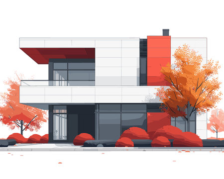 Modern building in the autumn season. Vector illustration in flat style.のイラスト素材