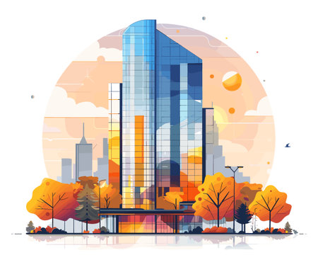 Modern cityscape with skyscrapers and autumn trees. Vector illustration.のイラスト素材
