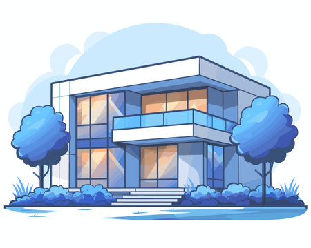 Vector illustration of a modern house with trees and grass on a white backgroundのイラスト素材
