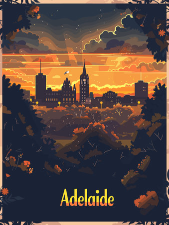 A painting of a city with a sunset in the background. The city is Adelaide. The painting is in black and whiteのイラスト素材
