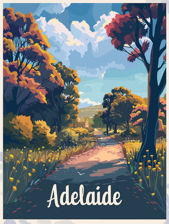 Adelaide, Australia. A painting of a road in the countryside with trees. The painting has a peaceful and serene mood, with the trees and the road leading to a beautiful destinationのイラスト素材