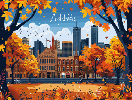 Adelaide, Australia. A cityscape with a large building in the background. The city is filled with trees and leaves, giving it a warm and inviting atmosphereのイラスト素材