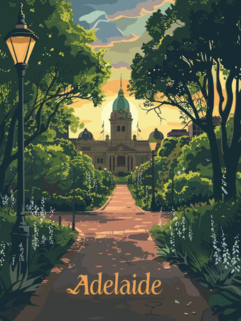 A painting of a city street with a large building in the background. The street is lined with trees and there is a bench on the sidewalk. The painting is titled "Adelaide"のイラスト素材