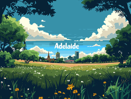 A beautiful landscape with a city in the background and the word "Adelaide" written in the foregroundのイラスト素材