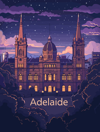 Adelaide city at night, Australia. Vector illustration in flat styleのイラスト素材