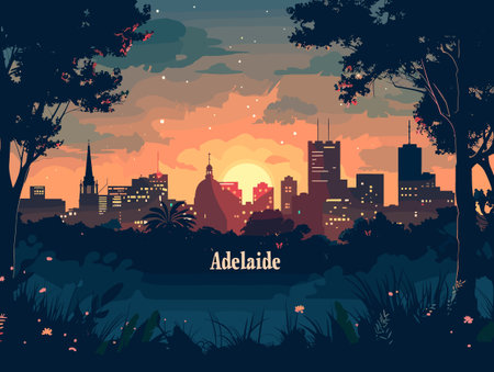 Beautiful landscape of the city at sunset. Vector illustration in flat style.のイラスト素材