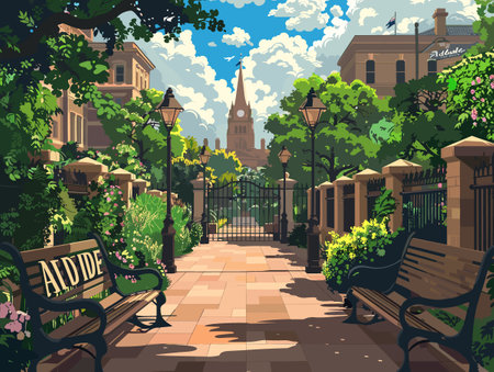 Vector illustration of an old city street with a bench and trees.のイラスト素材