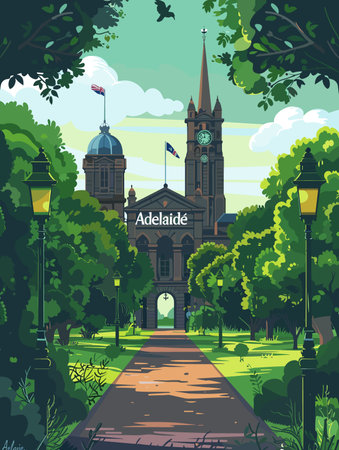 Adelaide, Australia. building in the city park. Vector illustration in flat style.のイラスト素材