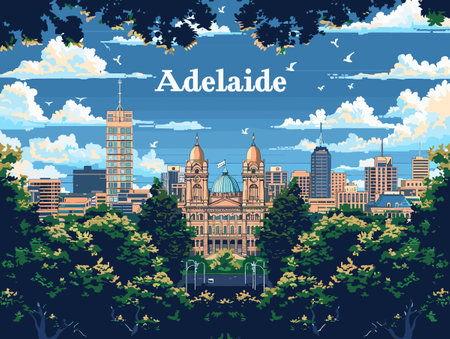 Adelaide, Australia. skyline with skyscrapers and trees, vector illustration.のイラスト素材
